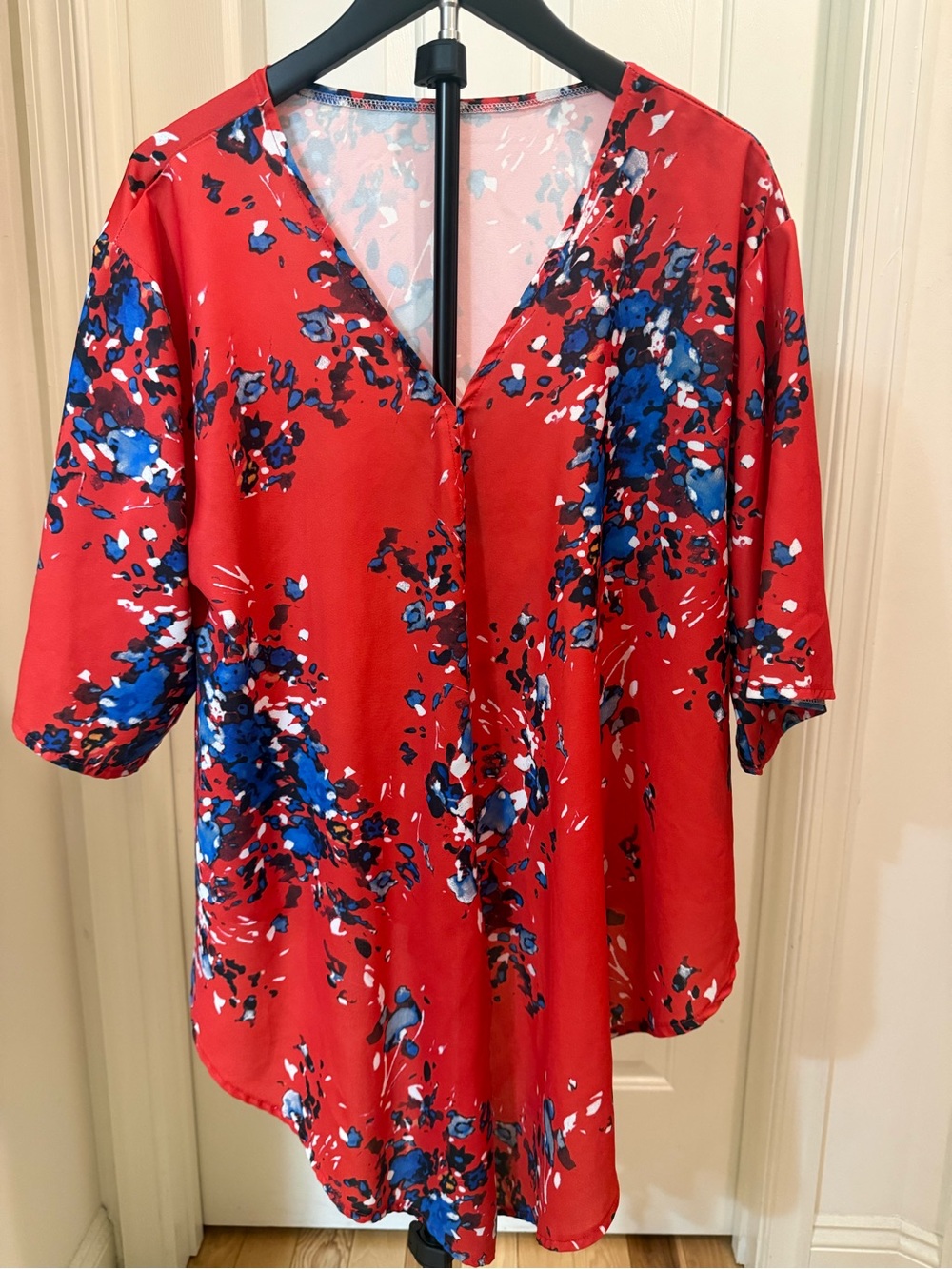 Amazon Red V-Neck Blouse with Blue & White Floral Print